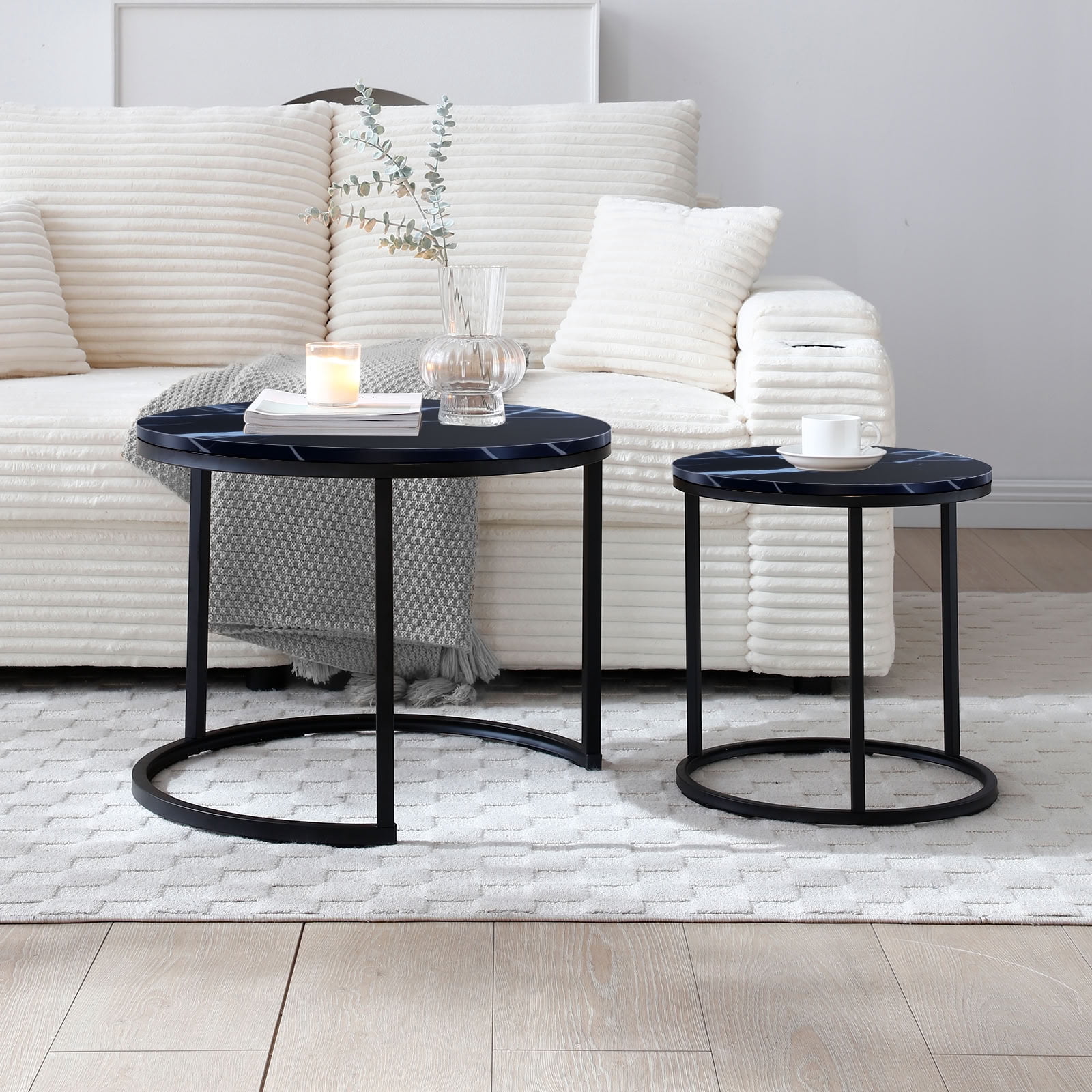MAYEERTY Nesting Coffee Table Set of 2, Round Center Table with Metal Frame, Space Saving Accent Side Table for Living Room Bedroom Small Apartment