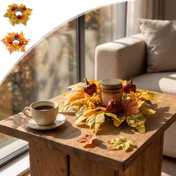 YyuenwAutumn Pumpkin Maple Leaf Candle Wreath Halloween Thanksgiving Harvest Table Centerpiece Multi-Color Artificial Floral Ring Mantel Mini Hanging Decor