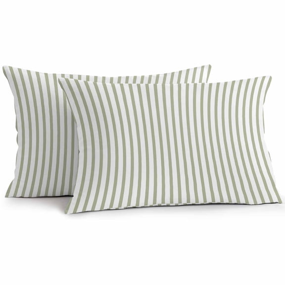 Lumbar Pillow Covers 20x12 Inch Set of 2, Sage Green Vertical Striped Waterproof Outdoor Pillow Covers, Farmhouse Thin Line Stripes Decorative Cushion Pillowcases for Couch, Sofa, Bed, Garden, Patio