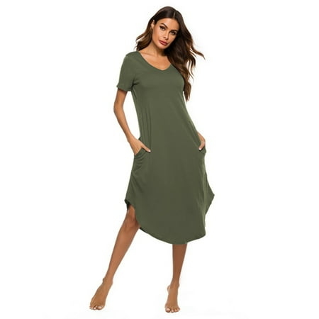 

Womens Long Nightgowns Soft V Neck Nightshirts Short Sleeve House Dress with Pockets Casual Loose Nightdress Full Length Sleep Shirt Plus Size S-3XL