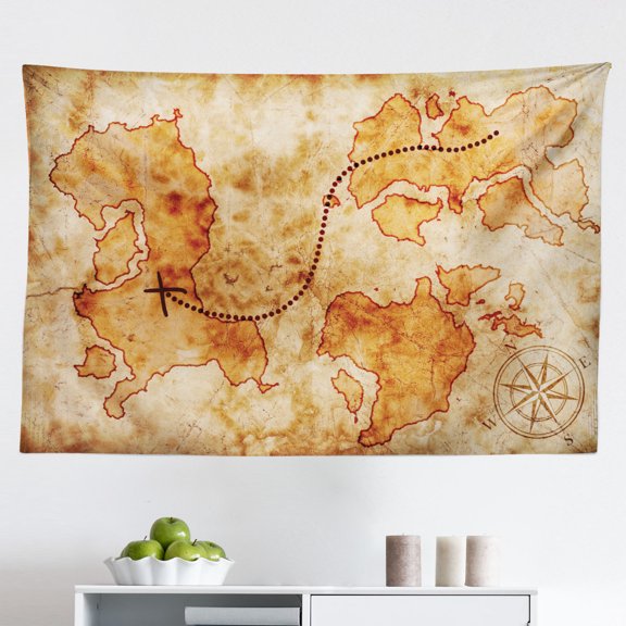 Island Map Tapestry, Dated Old Map in Dense Color on Wooden Background Hide Out Shores Art Design, Fabric Wall Hanging Decor for Bedroom Living Room Dorm, 2 Sizes, Orange Brown, by Ambesonne