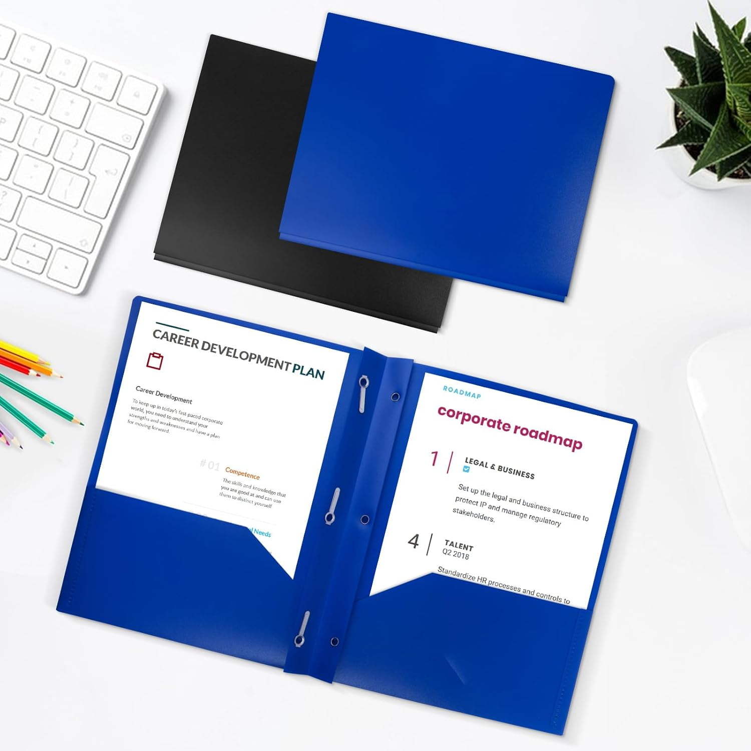 60-Pack Plastic Folders with Pockets and Prongs,2-Pocket Poly Folders with 3 Fasteners Holds 8-1/2" x 11" Paper for School/Office/Home, Blue