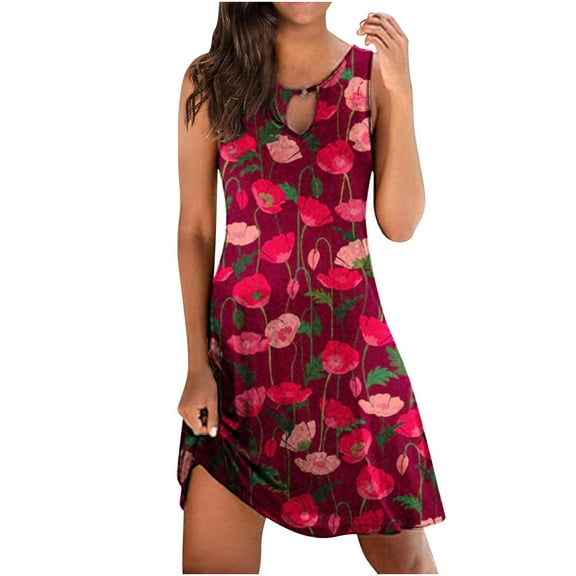 Wenini Dresses for Women 2023 Sleeveless Floral Print Round Neck Above the Knee Summer Dresses Casual Fashion Sundress Slim Hollow Out Tank Dress Red M