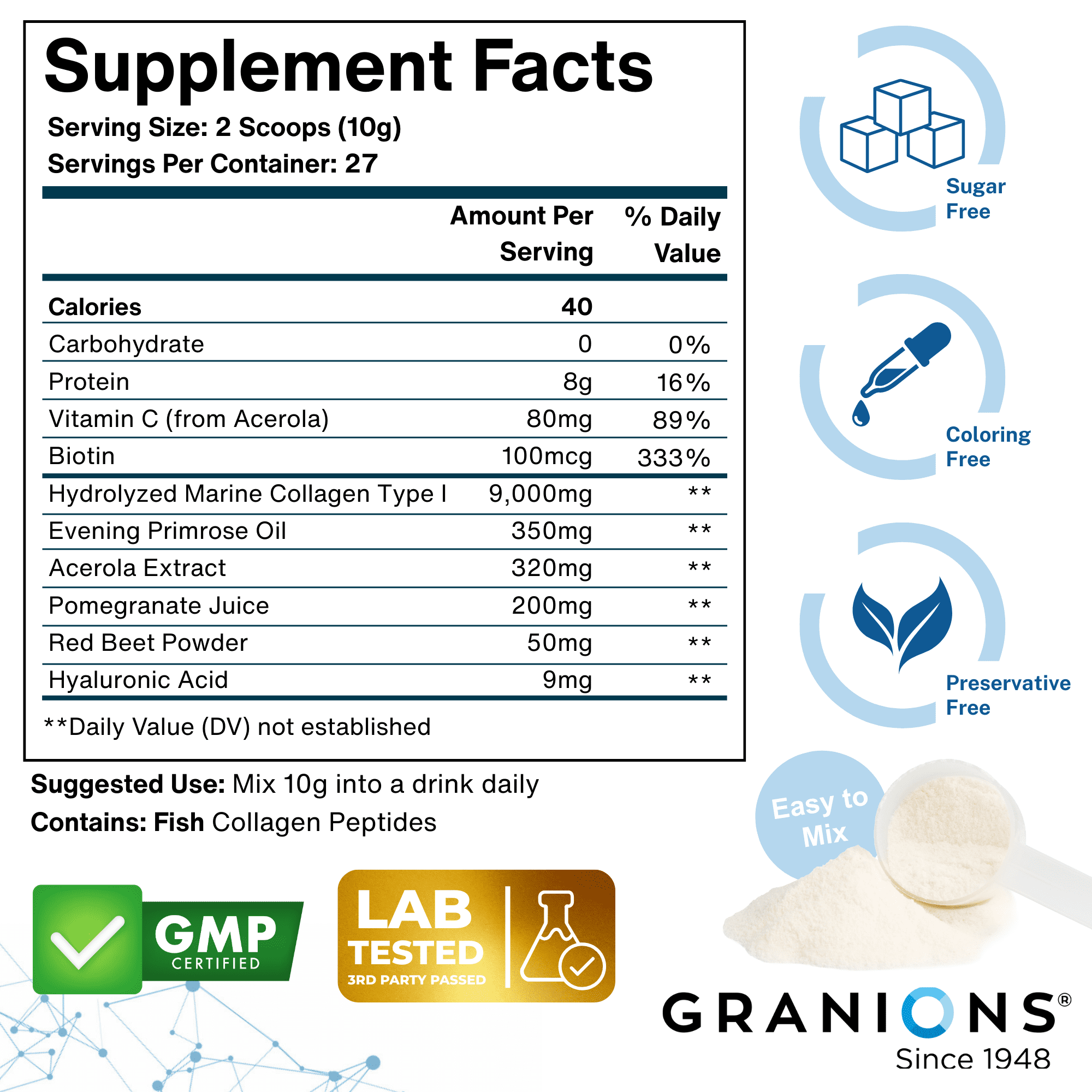 GRANIONS Marine Collagen Peptides Powder Lemonade, Hyaluronic Acid + Biotin + Vit C, 275g