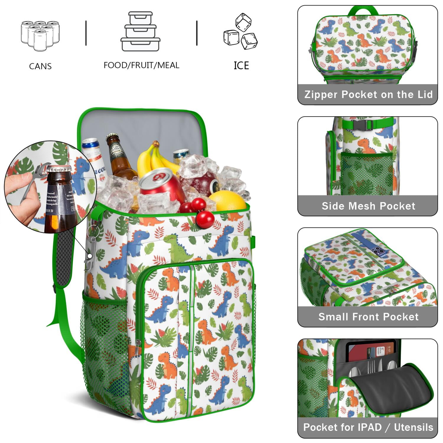 Travel Cooler Bag - White Cartoon Dinosaurs Leaves Pattern Camping Beer Cooler Backpack with Bottle Opener- Waterproof Insulated Picnic Backpacks - Cooler Bag for Beach