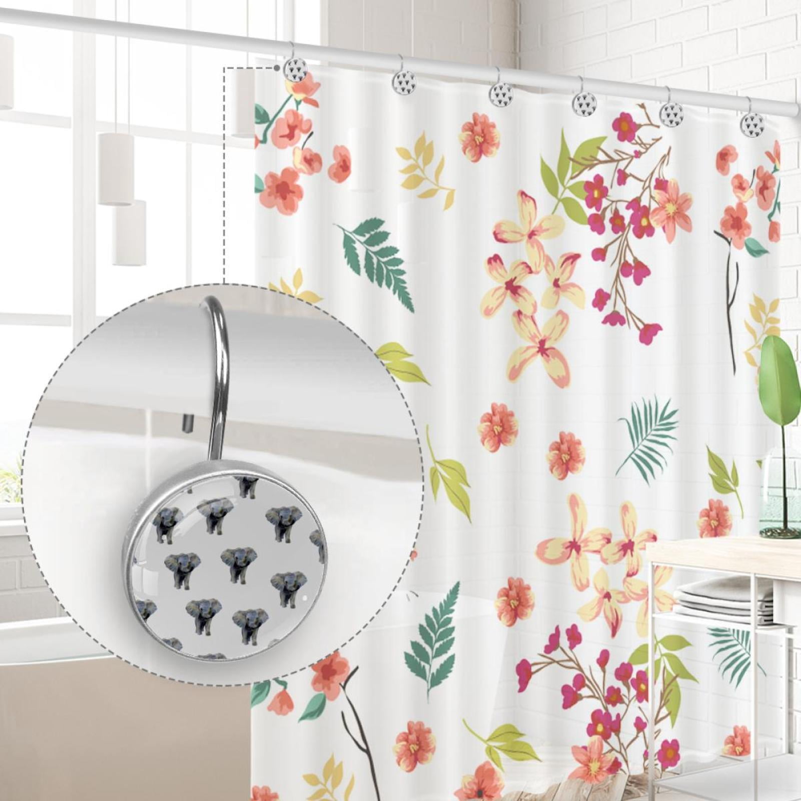 Elephant Shower Curtain Hooks （Set of 12） for Home Hotel Shower Rods Bathroom Crystal Glass Print Stainless Steel Round Curtain Hooks