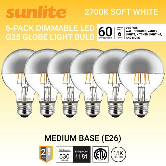 Sunlite LED G25 (G80) Edison Half Chrome Globe Light Bulb, 6 Watts (60W Equivalent), Standard E26 Base, Dimmable, Silver Bowl, UL Listed, 2700K Warm White, 6-Pack