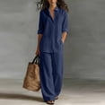 thumbnail image 3 of Textilo Sets 2 Piece Outfits for Women Cotton Linen Button Up Long Sleeve Shirts and Pants with Pockets Wide Leg Elastic Waist Sets Summer Travel Vacation Breathable Loose Walking Wear,Dark Blue L, 3 of 4