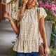 thumbnail image 2 of Camiseta de patrón floral cuello redondo cuello plisado manga corta ruffle casual camiseta con estilo, 2 of 6