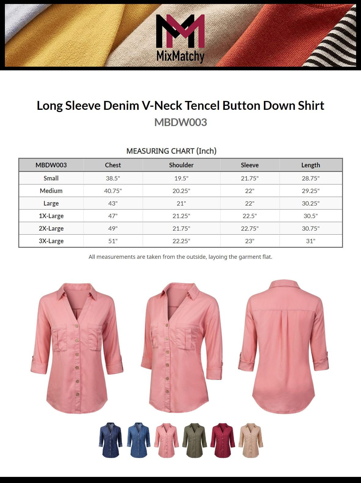 MixMatchy Womens Long Sleeve Denim V-Neck Tencel Button Down Shirt Medium Denim 3XL