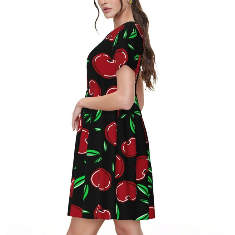 Rateoe Cherry Pattern Women's Short Sleeve Dress  Casual Elegant Summer A-Line  Dress for Everyday Wear - Walmart.com