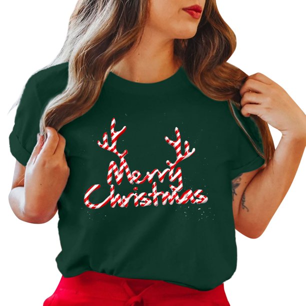Gibobby Tops navideños para Mujer Camiseta de manga corta con cuello redondo y estampado de Navidad para mujer(Verde,M)