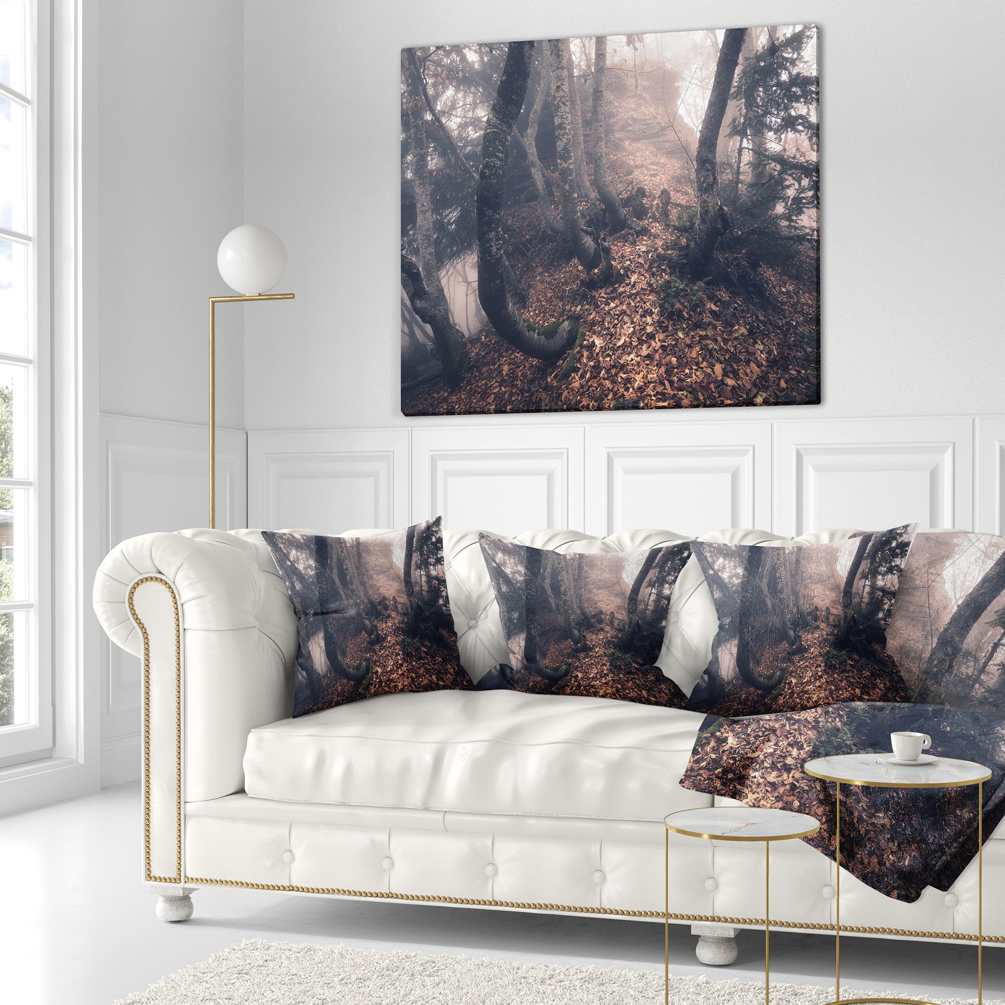 Designart Autumn Foggy Forest Trees - Landscape Photography Throw Pillow - 18x18