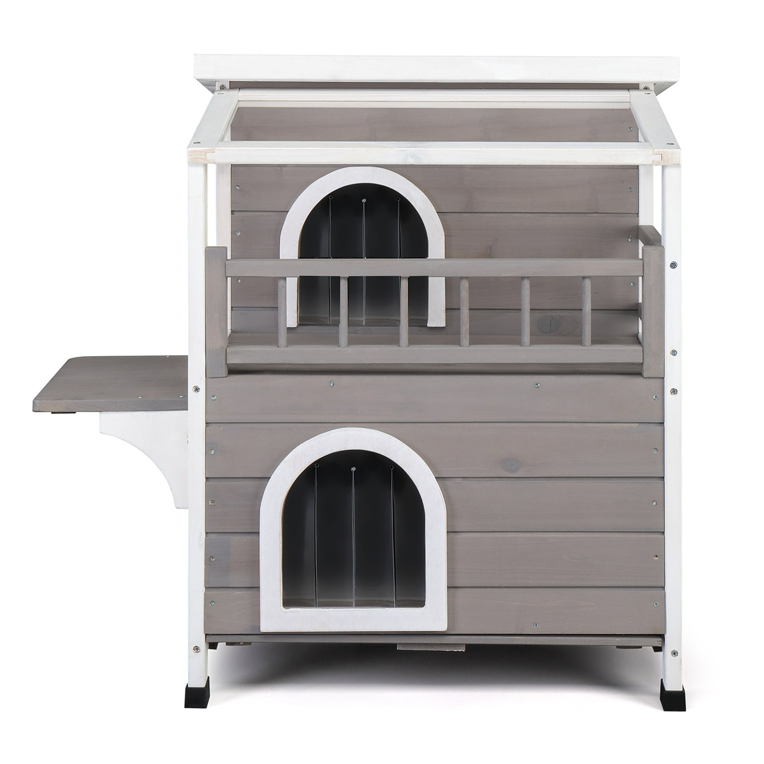 Pefilos 30" Wooden Cat House 2-Story Indoor Outdoor Luxurious Cat Shelter with Transparent Canopy, Double Escape Door Pet House, Gray Pefilos 30" Wooden Cat House 2-Story Indoor Outdoor Luxurious Cat Shelter with Transparent Canopy, Double Escape Door Pet House, Gray
