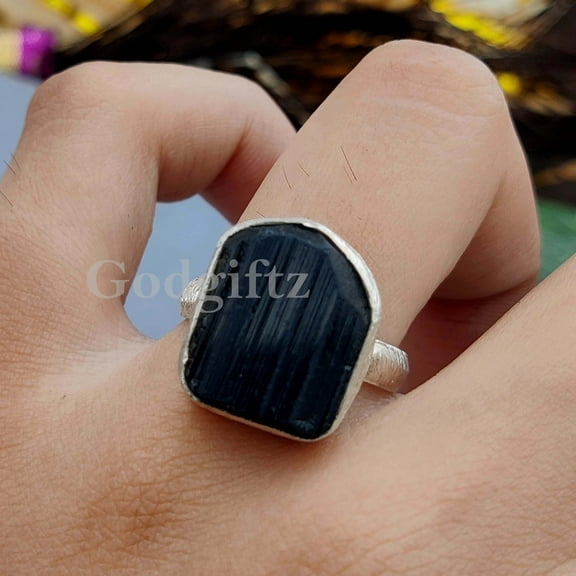 Raw Black Tourmaline Ring: 925 Sterling Silver Handmade Stacking Jewelry