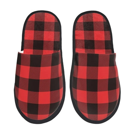 Balery Buffalo Plaid Red Black Slient Indoor Furry Fleece Comfort House Shoes Soft Non-Slip Home Shoes Cotton slippers House Slippers-- Medium