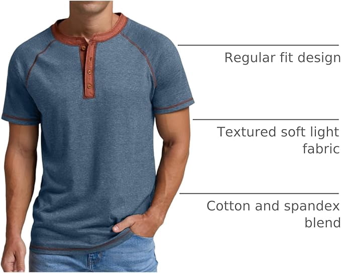 Classic henley style Three button henley closure, Mens Henley Short Sleeve T-Shirt Cotton Casual Shirt Mens ShirtsSummer Daily T-Shirts Blue L