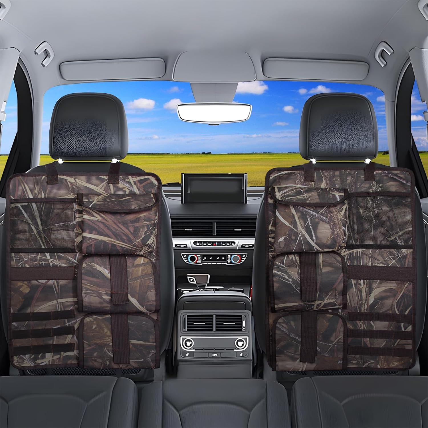 2 Pack Seat Back Gun Rack for Truck, Camo Gun Holder for Car with Molle Panel, Gun Sling Bag Front Seat Gun Organizer Truck Gun Rack for Hunting Gear, Gun Storage for Hunting Rifles SUV