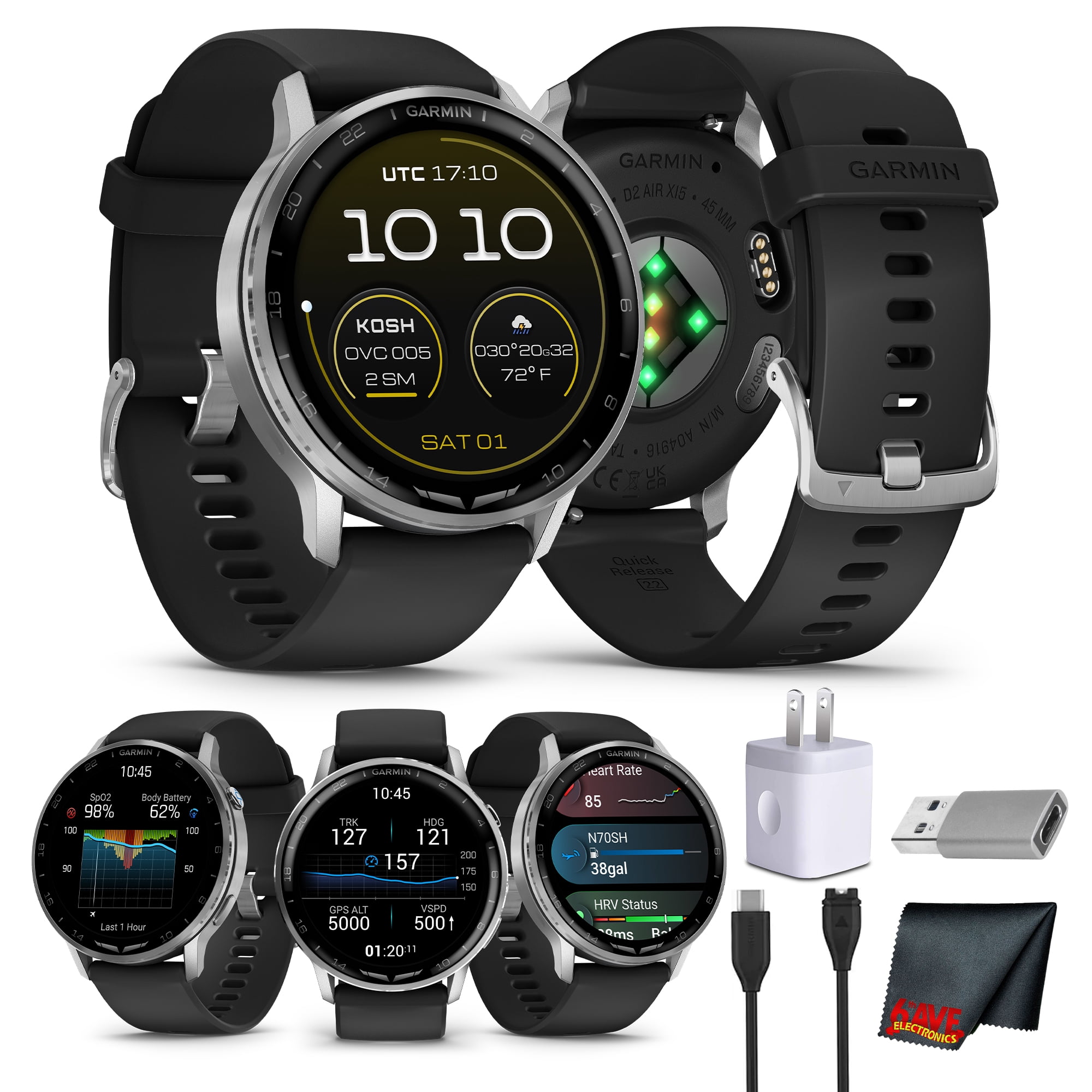 Garmin D2 Air X15 Aviation Smartwatch, 45mm AMOLED Touchscreen, GPS Direct-To Navigation, Aviation Weather, Built-In LED Flashlight, Silver Stainless Steel with Black Silicone Band Bundle