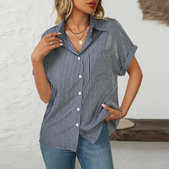Kayannuo Shirts for Women Women's Fashion Fashion Loose Short Sleeve Lapel Pocket Casual Striped Shirt Top Navy XL