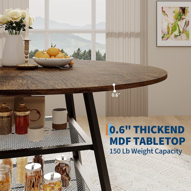Space-Saving Round Dining Table with Storage Shelf – 42 Inch Modern Wood & Metal Circle Table for 4, Sturdy High Top for Small Spaces, Classic