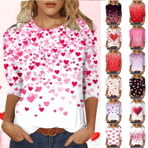 Vetsdori Womens 3/4 Sleeve T-Shirts Plus Size Valentine Blouses Summer Gifts for Girlfriend Casual,Crew Neck Cute Tops for Junior Graphic