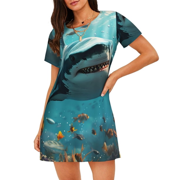 Fotbe Realistic Ocean Shark Bata de Dormir para Mujer con Estampado, Camisón de Algodón de Manga Corta, Ropa de Dormir Casual