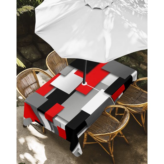 Outdoor Tablecloth with Umbrella Hole, Red Color Block Ombre Geometric Zippered Table Cloth for Rectangle Tables, Modern Abstract Art Washable Waterproof Tablecloths for Picnic Patio Garden