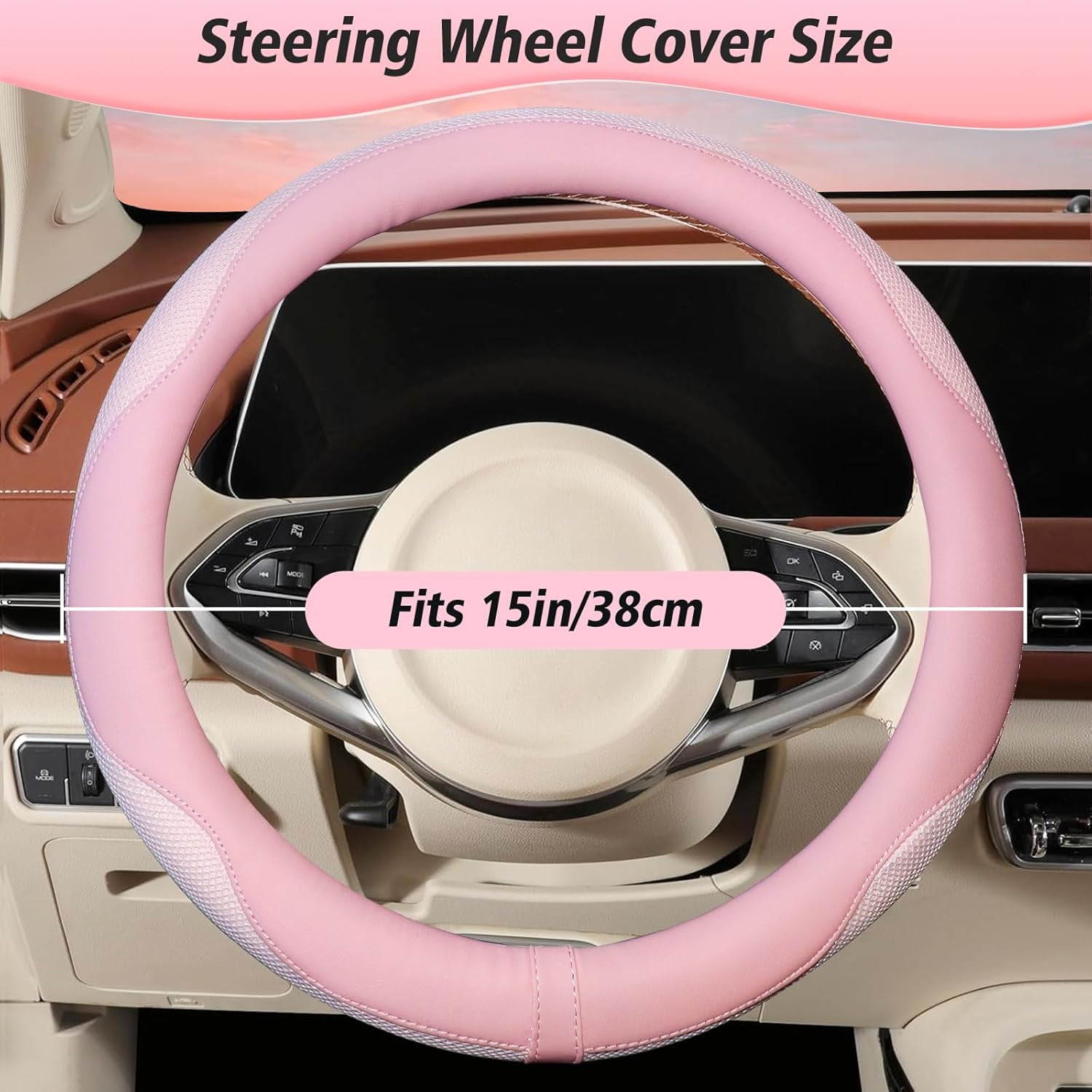 Light Pink Steering Wheel Cover, Breathable Microfiber Leather Anti-Slip Cute Car Steering Wheel Cover for Women, Warm in Winter and Cool in Summer, 15 Inch
