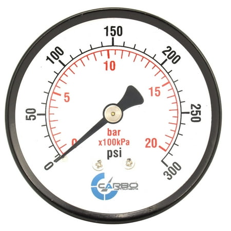 CARBO Instruments 2- 1/2" Pressure Gauge, Black Steel Case, Dry, 0-300 psi/kPa, Back Mount 1/4" NPT