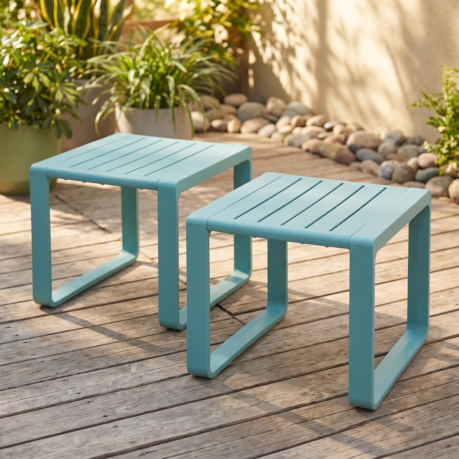 Furnibear Set of 2 Weather Resistant Slatted PP Outdoor Adirondack Side Tables for the Patio Deck Porch and Poolside, Blue