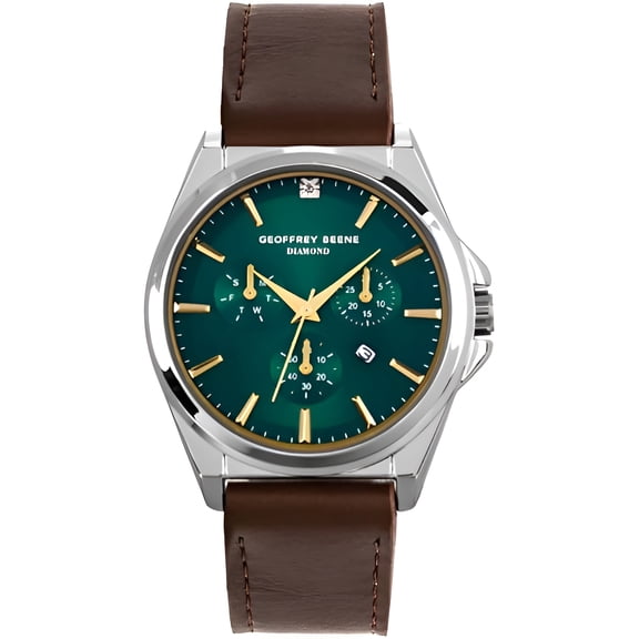 Geoffrey Beene Men’s Leather Strap Quartz Analog Dress Watch, Minimalist Chronograph Look, Date Function, Water Resistant, Business Formal Wrist Watch 42mm