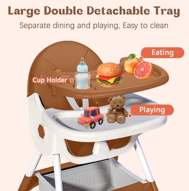 LHUAI, Foldable Baby High Chair, 4 in 1 Convertible High Chairs, With 5-Point Safety Harness, Adjustable Dining Tray & Backrest & Height, Easy To Clean Surface, For Babies And Toddlers, Brown