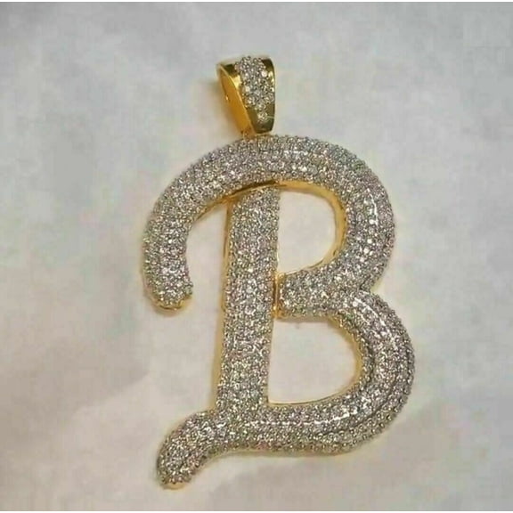 OM Jewels Moissanite 3.5Ct Round Cut Custom Letter "B" Initial Charm Pendant 14K Yellow Gold Plated