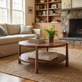 thumbnail image 3 of Dayalane 34.5" Mid-Century Modern Round Coffee Table Shelf, 2-Tier Center Table with Solid Wood Frame, Farmhouse Circle Coffee Table for Living Room Office, Walnut Brown, 3 of 11