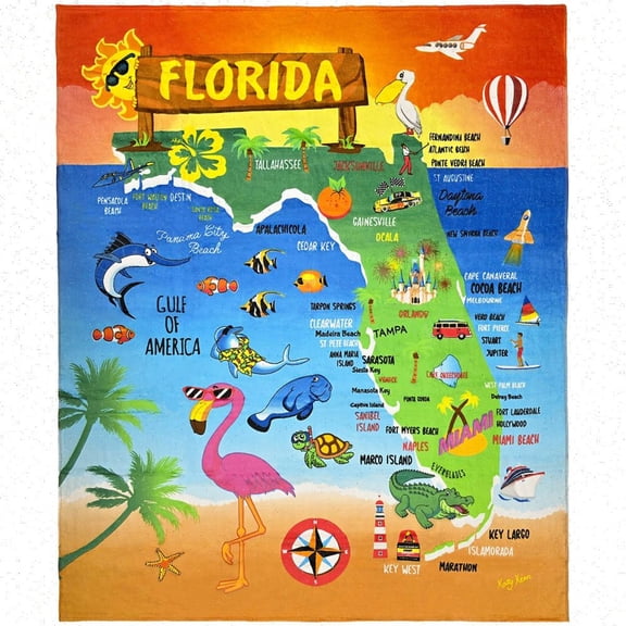 Florida Map Beach Blanket 54 x 68 inch Beach Towel 100% Cotton Family Size
