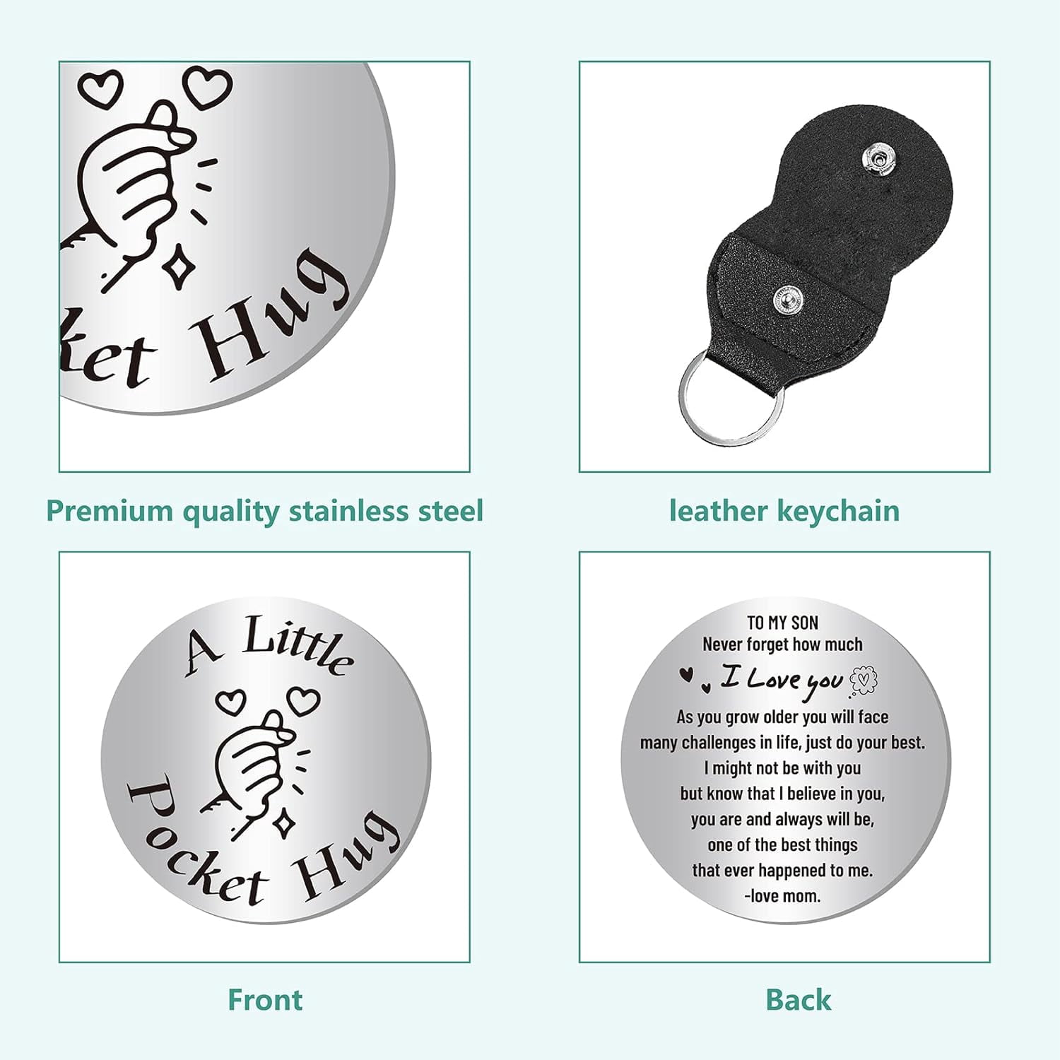 Pocket Hug Token & Leather Keychain Gift Set For Son - Stainless Steel Inspirational Message, Birthday Keepsake - View #6