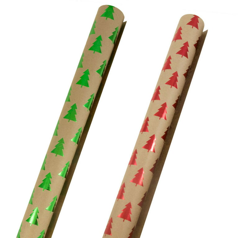 JAM Paper & Envelope Multi-Color Christmas Trees Kraft Wrapping Paper, Red  & Green, (2 Rolls) 50 Sq ft. 