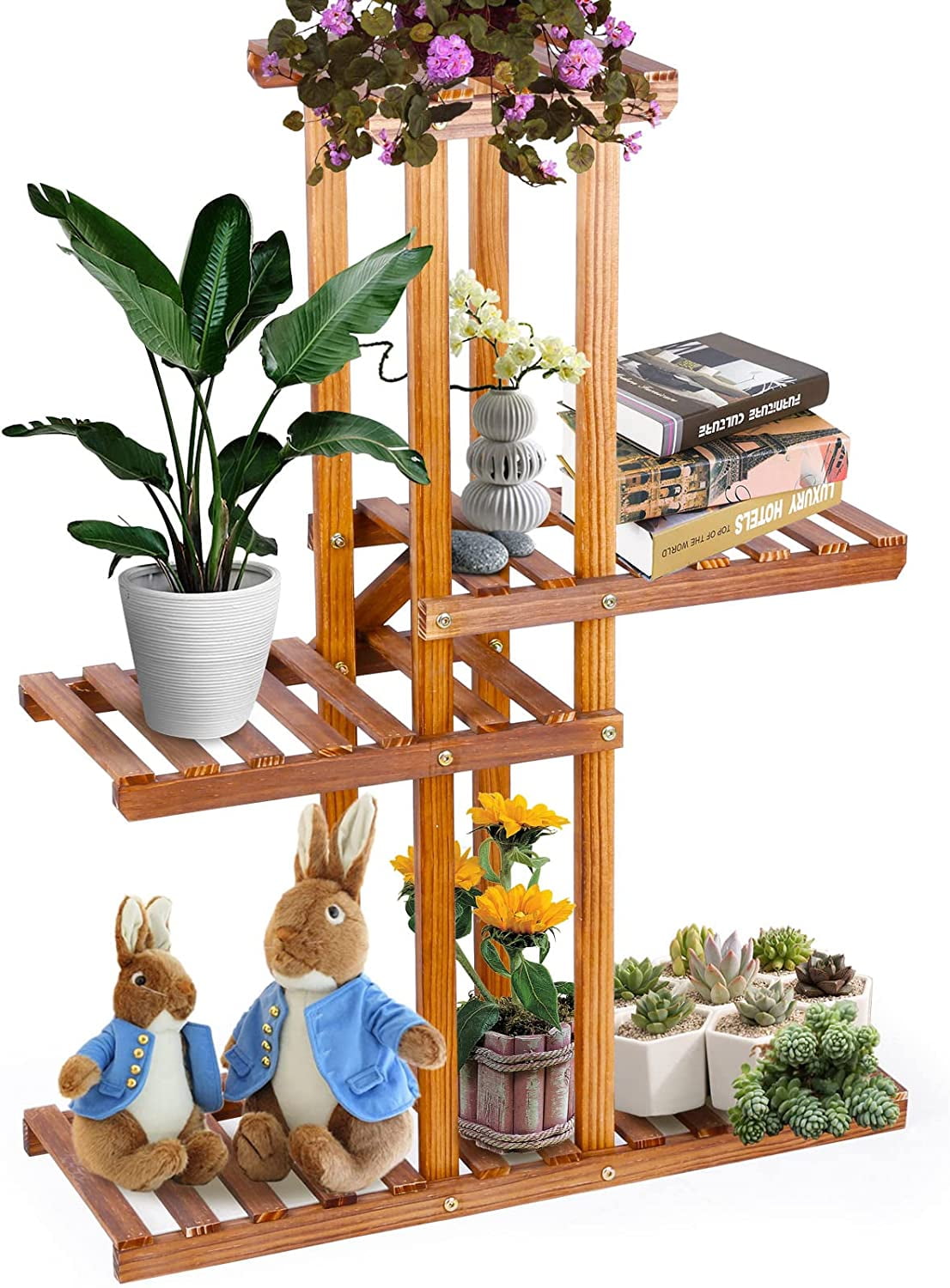 Wood Plant Stand 3 Tier 7 pots Display Plant Shelf with Gardening Tools