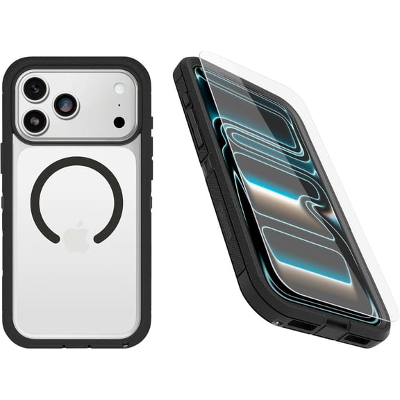 OtterBox iPhone 17 Pro Max (Only) Bundle: Defender Series XT Clear Case & Screen Protector - Dark Side (Clear/Black) - Snaps on MagSafe - Tough - Rugged & Durable - Non-Retail Packaging