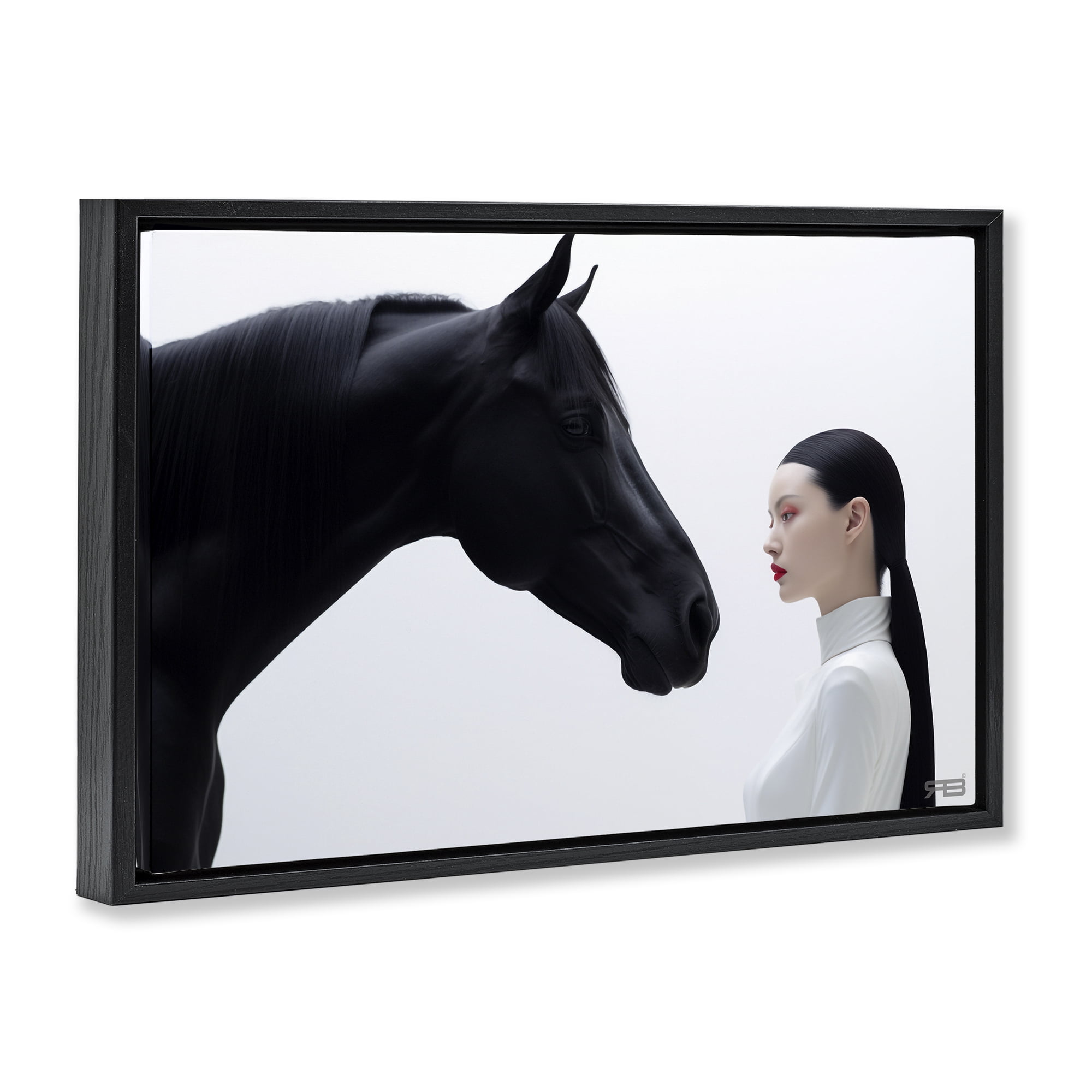 Stupell Industries Sleek Black Horse & Girl People Painting Black Floater Framed Canvas Art Print Wall Art, 31 x 21