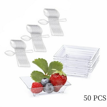 50 Pack Clear Mini Dip Dishes,Individual 1 Ounce Appetizer Plates,Dessert Serving Trays for Baking,Disposable Square Sauce Dishes,Plastic Spoons&Plates for Wedding Party Supply
