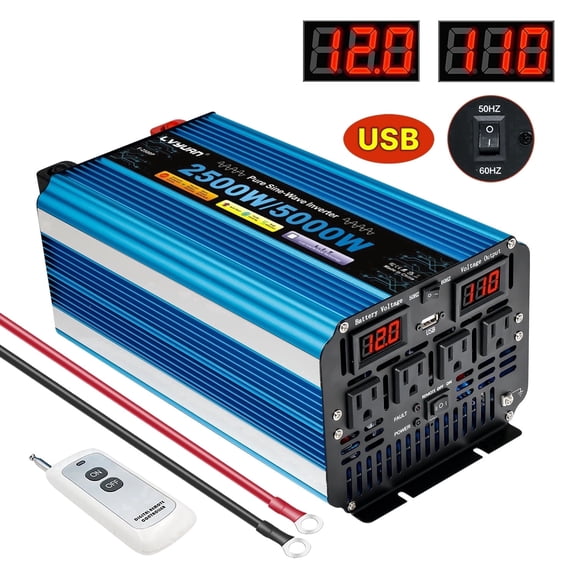 LVYUAN 2500W 5000W Peak Pure Sine Wave Power Inverter 12V DC to 110V AC Converter, 60Hz/50Hz, 4 AC Outlets   USB, LED Display, Remote Control for Car, RV, Camping & Home Backup