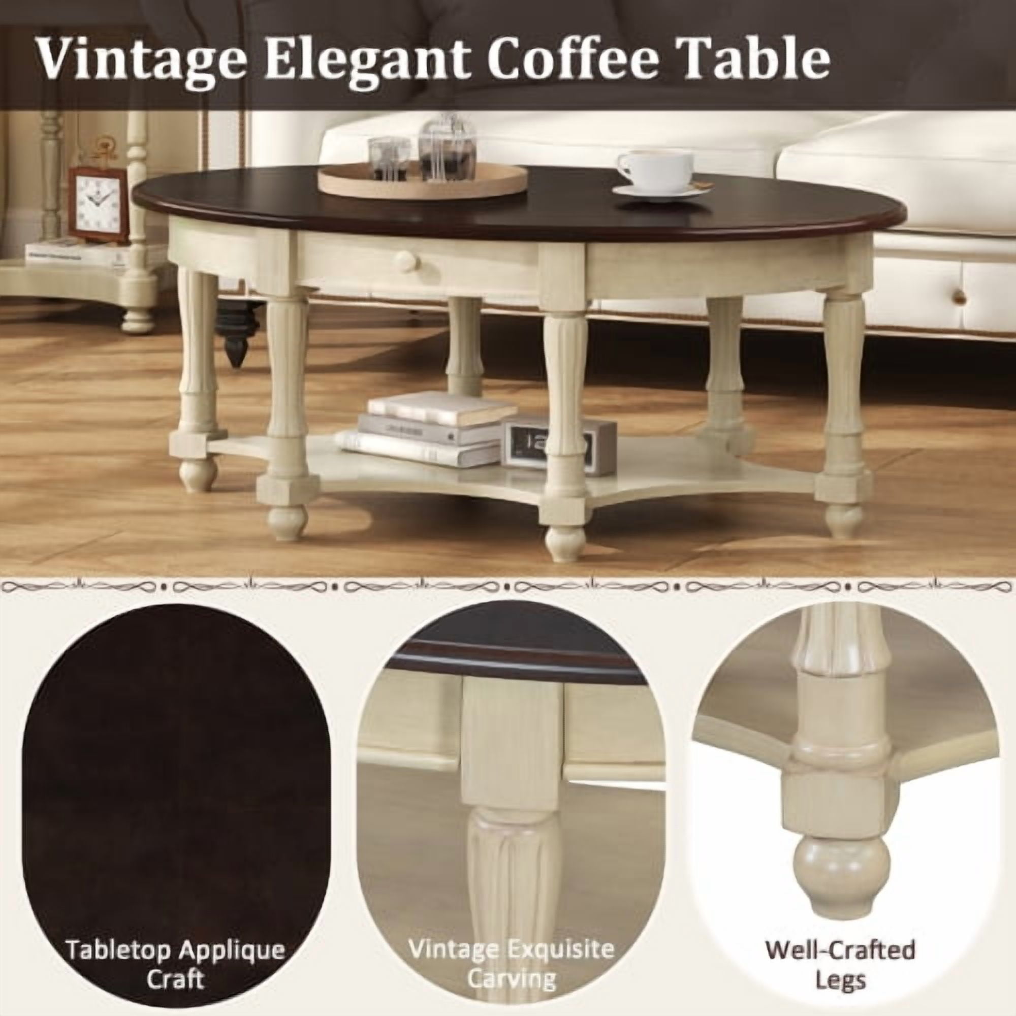 Vintage Oval Coffee Table with Drawer and Storage Shelf, Antique Cocktail Table in 45", French Country Accent Table for Living Room,Beige and Cherry