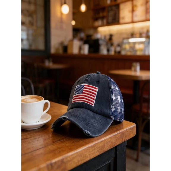 American Flag Embroidered Baseball Cap, Distressed Mesh Back Vintage Trucker Hat, Patriotic Adjustable Breathable Summer Outdoor Hat for Men Women, 4th of July Memorial Day Everyday Casual Wear