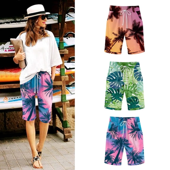 Trendfront Women's Plus Size Graphic Print Bermuda Shorts Lightweight Elastic Waist with Pockets Lounge Bottoms