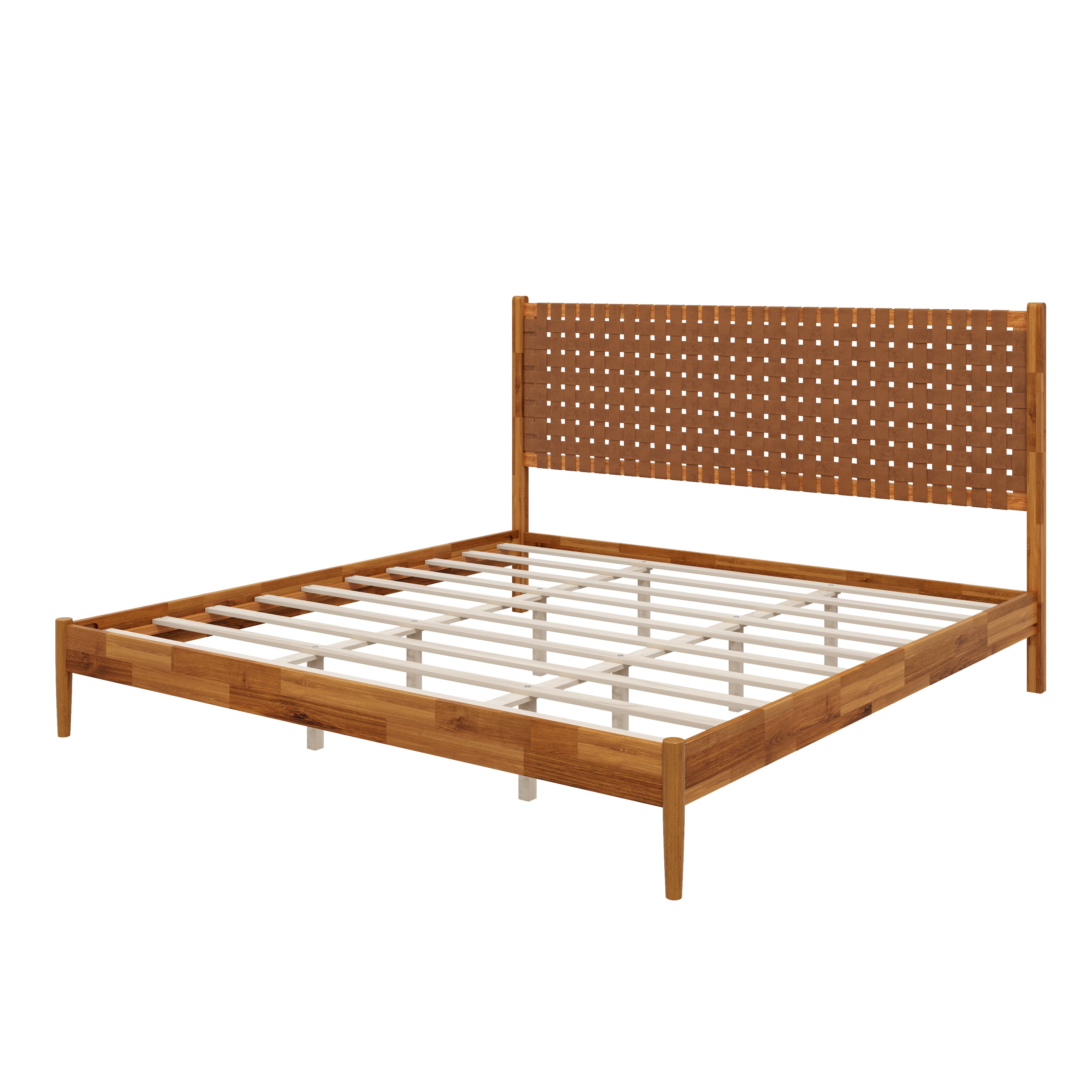 Euroco Solid Acacia Wood King Size Platform Bed, Mid-Century Modern Style Bed with Hand-Woven Vegan Leather Headboard, No Box Spring Needed, Caremel