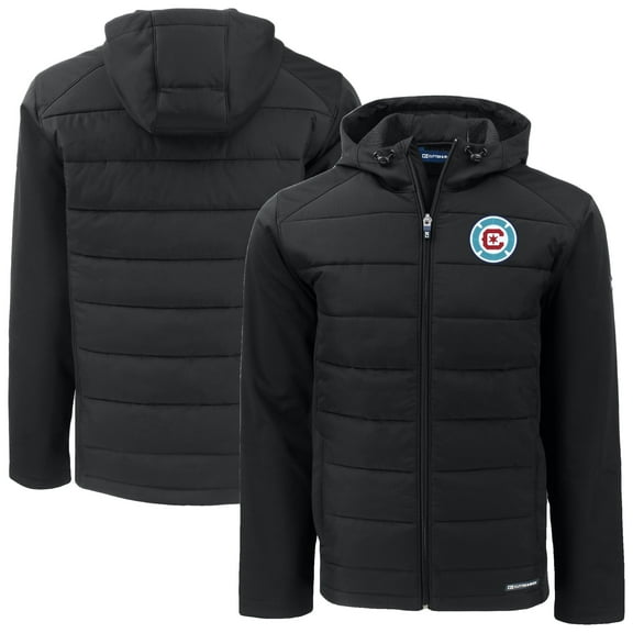 Men's-Cutter & Buck  Black Chicago Fire Evoke Hybrid Eco Softshell Recycled Full-Zip Hooded Jacket