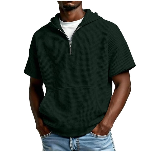 OGLCCG Waffle Knit Hoodies for Men 1/4 Zip Up Loose Sweatshirt with Kangaroo Pockets Solid Color Casual Short Sleeve Hooded Pullover Tops,XXXL,Army Green