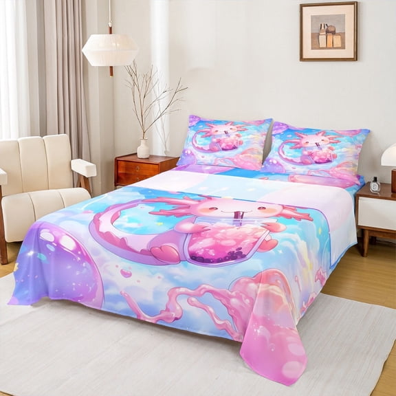 Manfei Pink Axolotl Bed Sheets Set Twin Size, Boba Milk Tea Bedding Twin Size, Dreamy Sky Cloud Twin Sheet Sets, Breathable Bedroom Decor, 3 Pieces